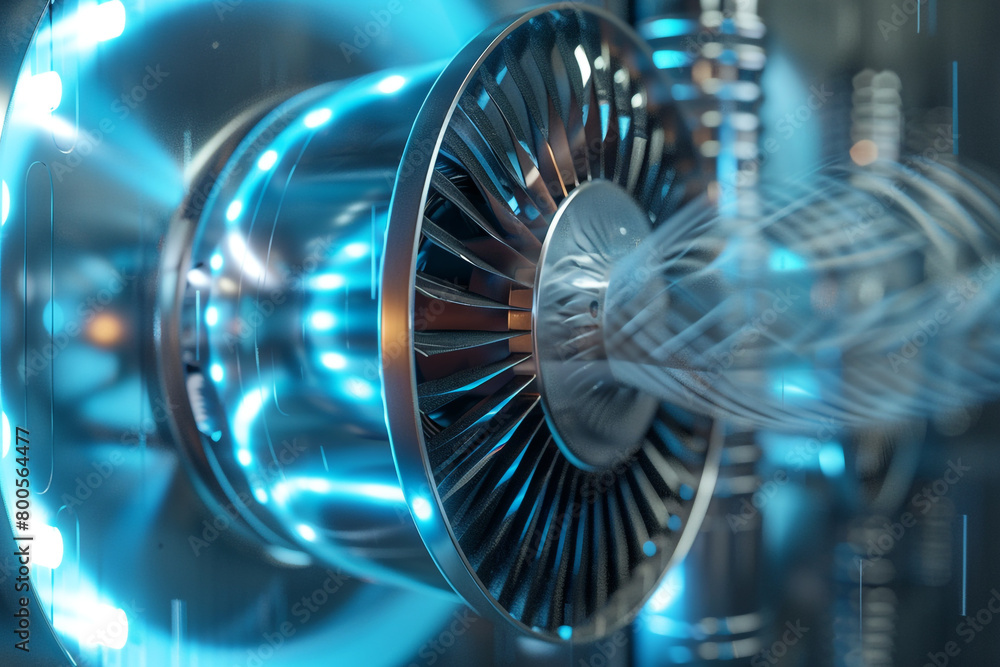 Poster a detailed 3d illustration of a ventilation fan with airflow simulation, emphasizing efficiency and 