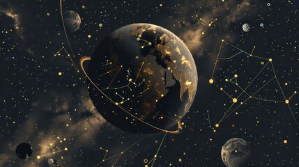 beautiful illustration of the universe cosmic space with planets and stars including minimal geometric graphic elements of the zodiac