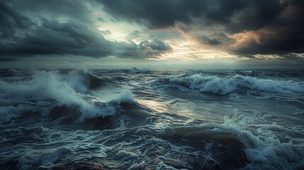 A dramatic scene capturing a stormy seascape, with dark clouds and turbulent waves.