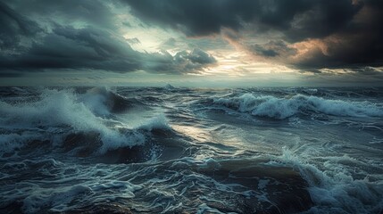 Fototapeta premium A dramatic scene capturing a stormy seascape, with dark clouds and turbulent waves.