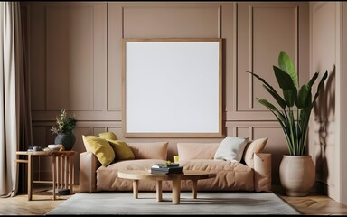Obraz premium Frame mockup, ISO A paper size. Living room poster mockup. Interior mockup with house background. Modern interior design. 3D render, wallpapers, stock photos, mockups 
