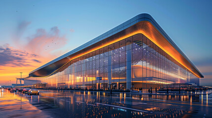 Obraz premium Exterior of futuristic ultra-modern office business center. Contemporary architecture, characterized by sleek lines, geometric shapes, innovation, and metallic surfaces. Architectural design concept.