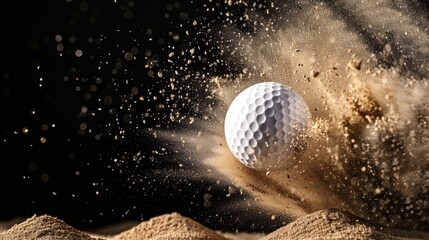 A dramatic image of a white golf ball creating an explosion of golden dry sand against a stark black background.

