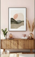 mock up poster frame with on retro chest of drawers, hipster interior background, 3D render,...