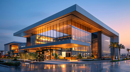 Obraz premium Exterior of futuristic ultra-modern office business center. Contemporary architecture, characterized by sleek lines, geometric shapes, innovation, and metallic surfaces. Architectural design concept.