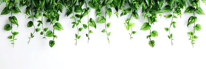 Illustration of a banner with green leaves hanging at the top of the image with a empty white background 