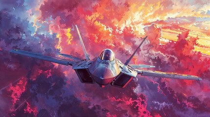 Colorful Oil Painting Style Modern Fighter Jet in Vibrant Multicolored Sky. Generative ai