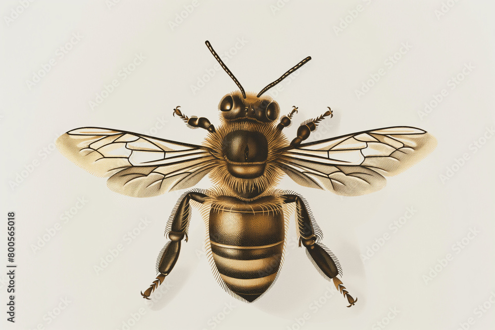 Wall mural fly on white background, Immerse yourself in the beauty of nature with this vintage-inspired vector engraving illustration featuring a honey bee on a clean white background