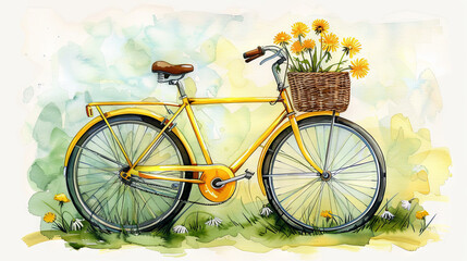 Watercolor illustration of yellow bike with dandelion the basket