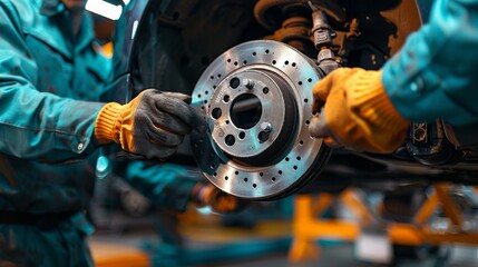 A mechanic replacing the brake pads and rotors on a vehicle, ensuring reliable stopping power and brake performance.
