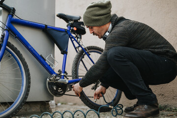 Focused man in casual wear repairing the chain of his blue bicycle against an urban backdrop.