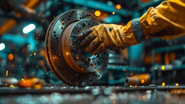 A mechanic replacing the brake pads and rotors on a vehicle, ensuring reliable stopping power and brake performance.