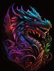 a closeup glowing dragon with intricate details and a dark, abstract neon design of a colorful, abstract background
