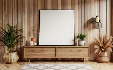 mock up poster frame with on retro chest of drawers, hipster interior background, 3D render, wallpapers, stock photos, life stock, mockups	