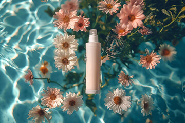 Tube of sunscreen cream in swimming pool with flowers. Skin care and protection concept.
