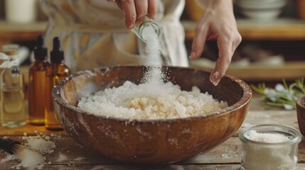 Fototapeta premium A person making DIY bath salts with Epsom salt and essential oils, mixing ingredients and packaging them for personal use or gifts.