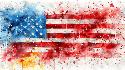 watercolor illustration of american flag, United States of Independence concept, July 4