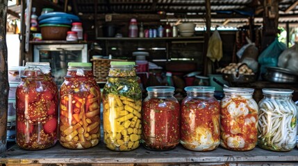 Fototapeta na wymiar A rustic Thai street food stall with jars of pickled garlic and chili sauce, adding a spicy kick to local favorites.