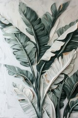 This sculpted wall art piece features tropical banana leaves in 3D, perfect for home decor and interior design