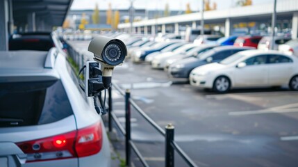 A security camera installed in a parking lot, providing surveillance to prevent vandalism and ensure vehicle safety. - obrazy, fototapety, plakaty