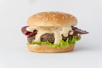 Beef burger with bacon in clean white background
