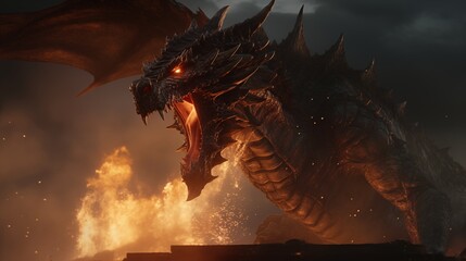 Fire breathes explode from a giant dragon in a black night.