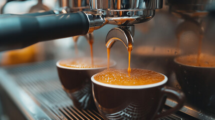 Espresso extraction by professional espresso machine at coffee shop. Espresso pour into the green cup on the scales.