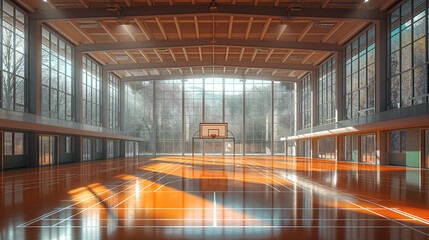 Sports Hall, tiled floor, basketball, voleyball, handball, bleacher, score board. 
