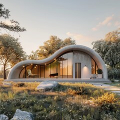 modern tiny house in the field bungalow design with rounded roof on both sides 