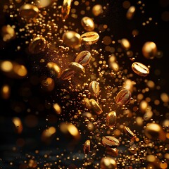 Goldenthemed promotional materials for a new coffee blend priced in cryptocurrency, innovative marketing , high-resolution