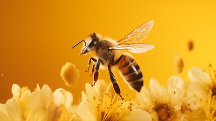 fluffy bee with transparent wings collecting flower pollen against a bright yellow background.