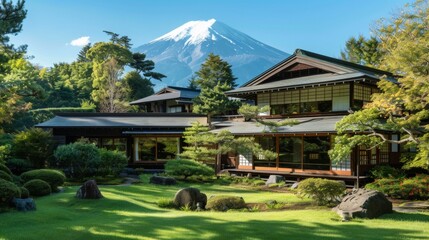 A serene countryside retreat with Mount Fuji rising above traditional Japanese architecture and lush green gardens, a tranquil escape from the modern world.