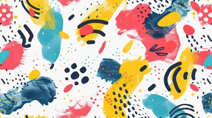 artistic wallpaper with scattered abstract forms in bold bright colors on a white background 