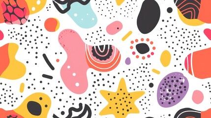 artistic wallpaper with scattered abstract forms in bold bright colors on a white background 