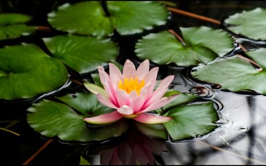 Beautiful pink flowers of water lily lotus Marliacea Rosea in pond, framed by green juicy leaves in a natural environment outdoors in nature close-up	