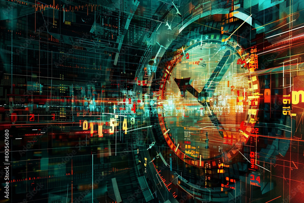 Poster a distorted digital clock face, illustrating the distorted perception of time in the digital realm