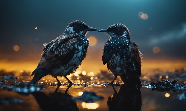 Two birds standing in water, gazing at each other under the moonlit sky