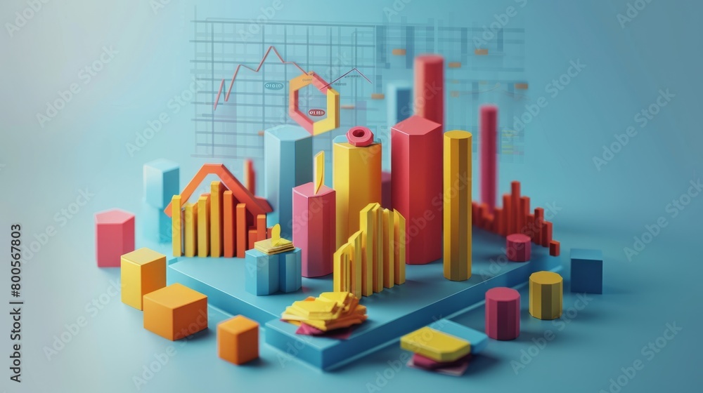 Poster 3d render of a colorful city made of blocks with graphs and charts floating above