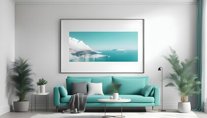 Obraz premium 3 vary sizes Frame mockup, ISO A paper size. torquise Living room wall poster mockup. Interior mockup with house background. Modern interior design. 3D render, photo, 3d render 