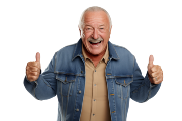 Portrait studio smiling mature man wear jeans jacket and white shirt posing with smart look, isolated on transparent png background.
