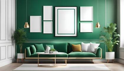 3 vary sizes Frame mockup, ISO A paper size. green Living room wall poster mockup. Interior mockup with house background. Modern interior design. 3D render, photo, 3d render	