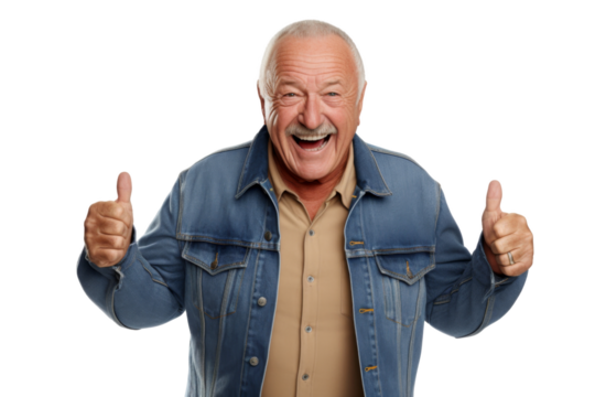 Portrait studio smiling mature man wear jeans jacket and white shirt posing with smart look, isolated on transparent png background.