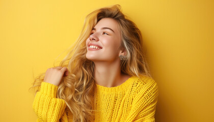 Fototapeta premium Happy young blonde-haired woman looking away against a bright yellow background