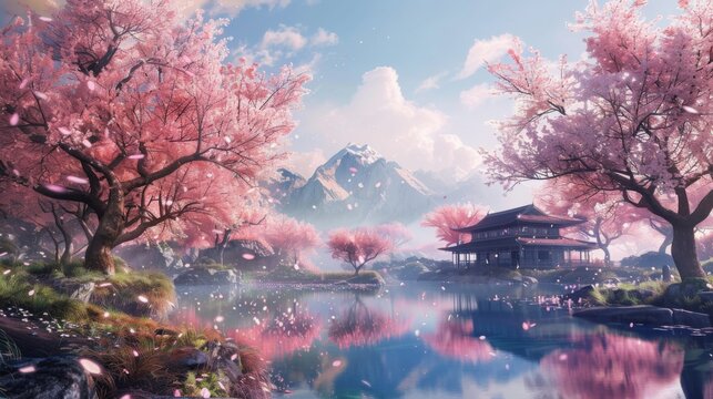 A serene countryside scene with sakura trees in bloom, a peaceful retreat from the hustle and bustle of city life.