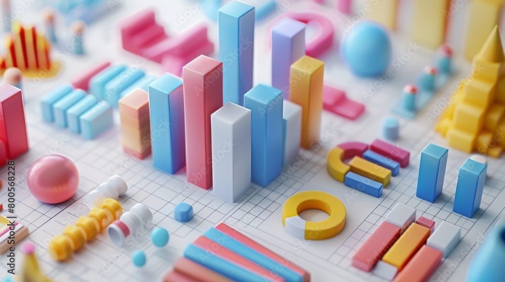Poster a 3d render of a colorful city made of blocks, representing data and statistics.