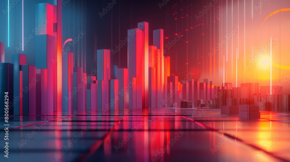 Aufkleber a 3d rendering of a city made of glowing blocks with a setting sun in the background.