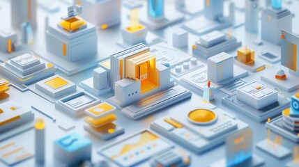 A 3D render of a futuristic city with white and yellow buildings