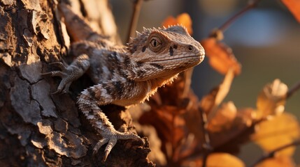 frill necked lizard clings to a tree trunk blending into the bark with its camouflaged scales in a...