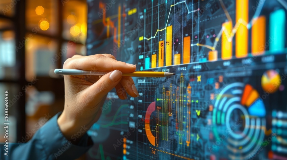 Poster a businessman is analyzing graphs and charts on a digital display.