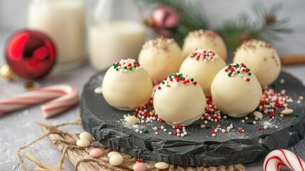 Obraz premium White chocolate plate with sprinkles and candy canes next to milk glass